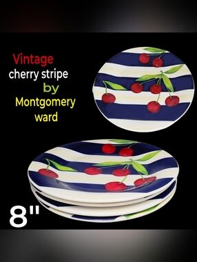 4 Vintage Cherry Stripe App/ Bread Plate Set By Montgomery Wards — White, Navy